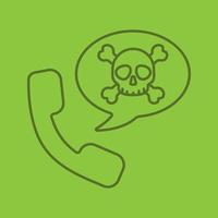 Dangerous phone call linear icon. Handset with skull and crossbones inside speech bubble. Thin line outline symbols on color background. Vector illustration