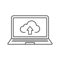 Laptop cloud computing linear icon. Thin line illustration. Laptop cloud storage files upload. Contour symbol. Vector isolated outline drawing