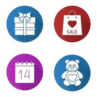 Conjunto de iconos de larga sombra de diseño plano de San Valentín. osito de peluche, 14 de febrero, caja de regalo, rebajas de san valentin. ilustración de silueta de vector