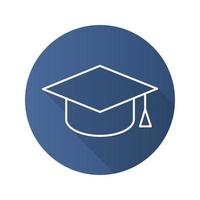 Student's hat flat linear long shadow icon. Square academic graduation cap. Vector outline symbol