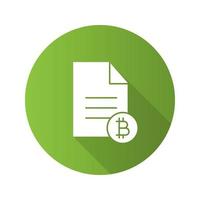 Bitcoin documentaries flat design long shadow glyph icon. Document with bitcoin sign. Vector silhouette illustration