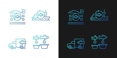 Fish processing and transportation gradient icons set for dark and light mode vector