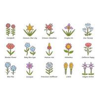 Wild flowers color icons set. Spring blossom. California wildflowers with names. Garden blooming plants inflorescences. Botanical bundle. Meadow, field weed. Isolated vector illustrations