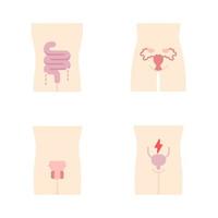 Ill human organs flat design long shadow color icons set. Sore intestines and urinary bladder. Unhealthy men reproductive systems. Infertility. Sick internal body part. Vector silhouette illustrations