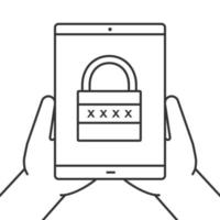 Hands holding tablet computer linear icon. Cyber security. Thin line illustration. Tablet computer with closed padlock. Contour symbol. Vector isolated outline drawing