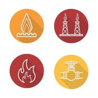 Gas production flat linear long shadow icons set. Gas stove, pipeline valve, flammable sign, gas platform. Vector line illustration