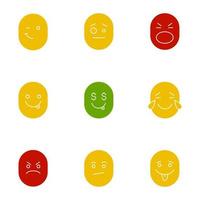 Smiles glyph color icon set. Silhouette symbols on white backgrounds. Good and bad mood. Winking, confused, shocked, greedy, laughing, angry, bored emoticons. Negative space. Vector illustrations