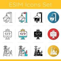 Industry types icons set. Computer, software, energy sectors of economy. Technology development. Businesses activities. Flat design, linear, black and color styles. Isolated vector illustrations