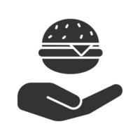 Open hand with hamburger glyph icon. Silhouette symbol. Cheeseburger for free. Negative space. Vector isolated illustration