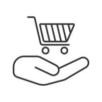 Open hand with shopping cart linear icon. Thin line illustration. Contour symbol. Easy buying. Vector isolated outline drawing