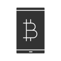 Bitcoin digital wallet glyph icon. Cryptocurrency. Silhouette symbol. Smartphone with bitcoin sign. Negative space. Vector isolated illustration