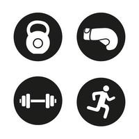 Sport and fitness icons set. Gym dumbbell and kettlebell, running man and boxing glove. Active lifestyle. Vector white silhouettes illustrations in black circles