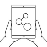 Hands holding tablet computer linear icon. Internet connection. Thin line illustration. Contour symbol. Vector isolated outline drawing