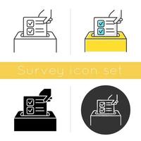 Anonymous survey icon. Ballot box. Feedback form. Opinion polling. Social research. Voting. Data collection. Sociology. Glyph design, linear, chalk and color styles. Isolated vector illustrations