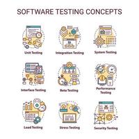 Software testing concept icons set. System perfomance verification idea thin line illustrations. Program development stages. Reliability, stability. Vector isolated outline drawings. Editable stroke