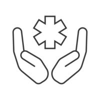 Open palms with star of life linear icon. Health care. Thin line illustration. Medical services. Contour symbol. Vector isolated outline drawing