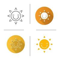 Happy sun smile icon. Flat design, linear and glyph color styles. Smiley with closed eyes. Good mood. Isolated vector illustrations