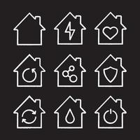 Houses chalk icons set. Home buildings with lightning, heart, network connection, shield, liquid drop inside. Smart houses. Isolated vector chalkboard illustrations