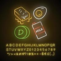 Vitamin D neon light icon. Butter, egg and milk. Healthy eating. Cholecalciferol natural food source. Dairy products. Glowing sign with alphabet, numbers and symbols. Vector isolated illustration