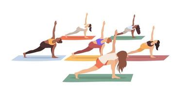 Yoga class. Group of people practicing yoga with the yoga instructor isolated on the white background. Vector illustration