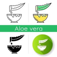 Plant extract icon. Cut medicinal herb thorn with bowl. Sliced aloe vera leaf with jar. Dermatology and healthy skincare. Linear black and RGB color styles. Isolated vector illustrations