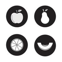 Fruit icons set. Apple, pear, cutted orange, melon slice. Vector white silhouettes illustrations in black circles