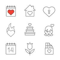 Valentine's Day linear icons set. February 14 calendar, house, heart with keyhole, passion, wedding cake, enamoured girl, tupil, chocolate bar. Thin line contour symbols. Isolated vector illustrations
