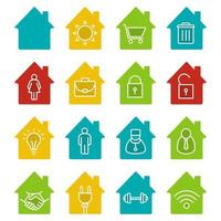 Houses glyph color icon set. Home buildings with sun, shopping cart, wastebasket, man and woman, briefcase inside. Silhouette symbols on white backgrounds. Negative space. Vector illustrations