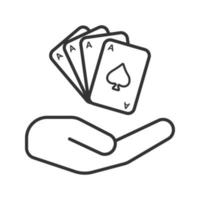 Open hand with playing cards linear icon. Gambling. Thin line illustration. Contour symbol. Vector isolated outline drawing