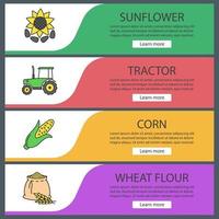 conjunto de plantillas de banner web de agricultura. girasol, tractor, maíz, harina de trigo. elementos del menú de color del sitio web. conceptos de diseño de encabezados vectoriales vector