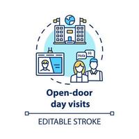 Open door day visits concept icon. Presentation of international university. Study invitation. University entrance idea thin line illustration. Vector isolated outline drawing. Editable stroke