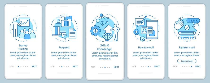 Startup education onboarding mobile app page screen with linear concepts vector