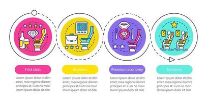 Plantilla de infografía de vector de asiento de clase de viaje de avión. elementos de diseño de presentación de negocios. visualización de datos con cuatro pasos y opciones. gráfico de la línea de tiempo del proceso. diseño de flujo de trabajo con iconos lineales