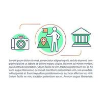 Visita turística, vacaciones, excursiones de vacaciones, plantilla de vector de página de artículo. folleto, revista, elemento de diseño de folleto con iconos lineales y cuadros de texto. diseño de impresión. ilustraciones de concepto con texto