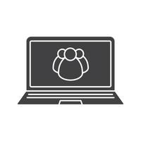 Laptop users group icon. Silhouette symbol. Laptop with group of people. Negative space. Vector isolated illustration