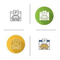 Parking place icon. Flat design, linear and color styles. Auto shed. Car garage with P sign. Isolated vector illustrations