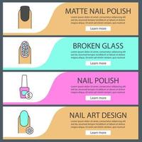 Manicure web banner templates set. Nail polish bottle with dollar sign and flower, matte and broken glass manicure. Website color menu items. Vector headers design concepts