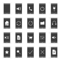 Smartphone apps icons set. Silhouette symbols. Home page, playlist, listen to music, media file, folder, rate, refresh, mute on and turn off buttons. Vector isolated illustration