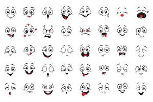 Cartoon comics faces set, Smiling, crying and surprised character face icons vector