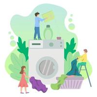 Laundry room with tiny characters loading a large washing machine, flat style design. vector