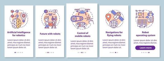 Cursos de robótica que incorporan la pantalla de la página de la aplicación móvil con conceptos lineales. Aprendiendo instrucciones gráficas de pasos de tutorial de control de robot. ux, ui, plantilla de vector de interfaz gráfica de usuario con ilustraciones