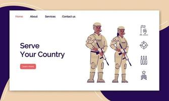 Army service landing page vector template. US soldiers website interface idea with flat illustrations. Military force homepage layout. Professional officers web banner, webpage cartoon concept