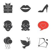 Valentine's Day icons set. February 14 silhouette symbols. Gift box, kiss, woman's shoe, boy and girl, love message, air balloons, dove, Cupid's bow and arrow. Vector isolated illustration