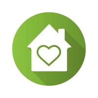 Family house flat design long shadow glyph icon. House with heart shape inside. Vector silhouette illustration