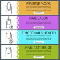 Manicure web banner templates set. Fingernails health, nails with brush, dollar sign and heart shape, reverse moon manicure. Website color menu items with linear icons. Vector headers design concepts