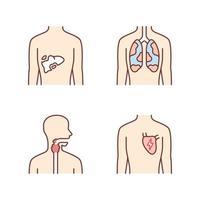 Ill human organs color icons set. Sore liver and lungs. Aching throat. Unhealthy heart. Sick internal body parts. Isolated vector illustrations