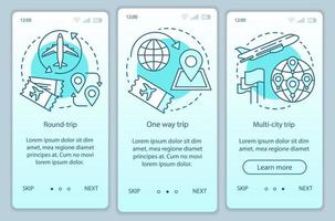 Aircraft flight ticket turquoise onboarding mobile app page screen vector template. Round, one way trip. Walkthrough website steps with linear illustrations. UX, UI, GUI smartphone interface concept