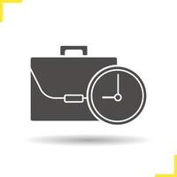 Work time icon. Drop shadow working hours silhouette symbol. Business briefcase with clock. Negative space. Vector isolated illustration