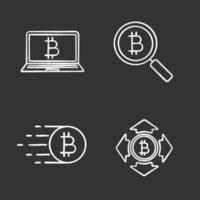 Bitcoin chalk icons set. Spending and searching, digital wallet, flying bitcoin. Isolated vector chalkboard illustrations