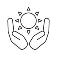 Open palms with sun linear icon. Solar energy using. Thin line illustration. Nature care. Contour symbol. Vector isolated outline drawing